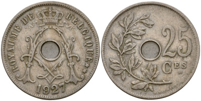 Бельгия 25 сантимов 1927 Belgique KM 68 медно-никель 4601-627