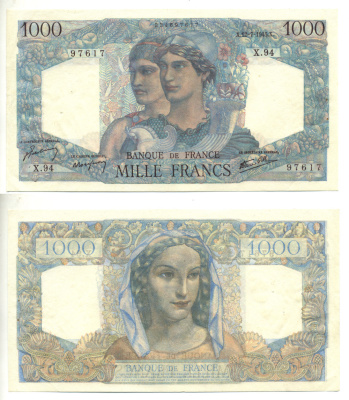 Франция 1000 франков 1945 12 июля 1945 Pick 130 a бумага 3295-66-1-1