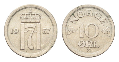 Норвегия 10 эре 1957 Хокон VII (1905-1957) KM 396 медно-никель 4705-839