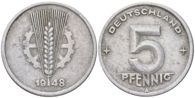 ГДР 5 пфеннигов 1948 A KM 2 алюминий 4613-938