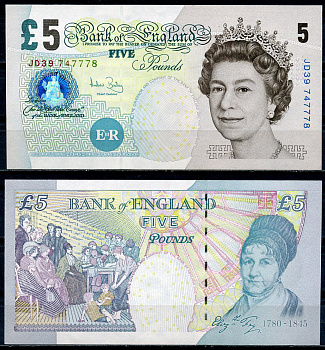 Великобритания 5 фунтов 2002 Елизавета II (1952-2022), Элизабет Фрай, подпись C. Salmon Pick 391 d бумага UNC (пресс) 7219-2-3-1
