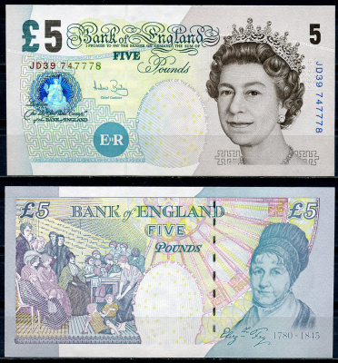 Великобритания 5 фунтов 2002 Елизавета II (1952-2022), Элизабет Фрай, подпись C. Salmon Pick 391 d бумага UNC (пресс) 7219-2-3-1