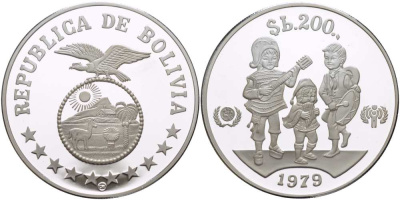 Боливия 200 песо 1979 Международный год защиты детей KM 198 серебро PROOF 01-148-41