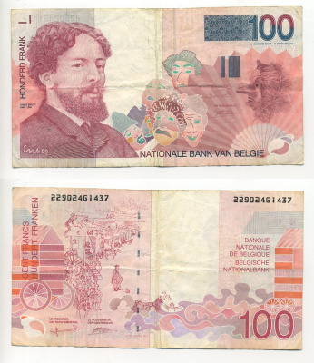 БЕЛЬГИЯ 100 ФРАНКОВ 1995-2001 ПОДПИСЬ (5 И 15), ХУДОЖНИК ДЖЕЙМС ЭНСОР Pick 147 бумага 6301-28-3