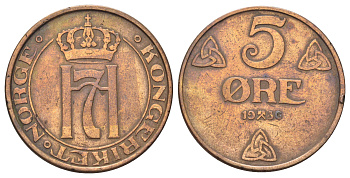 Норвегия 5 эре 1936 Хокон VII (1905-1957) KM 368 бронза 4700-737