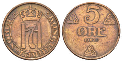 Норвегия 5 эре 1936 Хокон VII (1905-1957) KM 368 бронза 4700-737