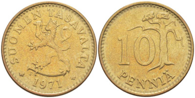 ФИНЛЯНДИЯ 10 ПЕННИ 1971 S KM 46 алюминиевая бронза 4516-736