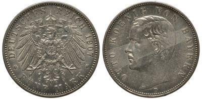 Бавария 5 марок 1907 Отто (1886-1913) Weege 47, J. 46, KM 512 серебро 3711-1534