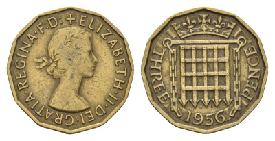 Великобритания 3 пенса 1956 Елизавета II (1952-2022) KM 900, Spink 4153 никель латунь 77-957