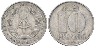 ГДР 10 пфеннигов 1968 A KM 10 алюминий 3459-616