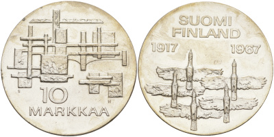 Финляндия 10 марок 1967 S-H, 50 лет независимости (1917-1967) KM 50 серебро UNC 1523-631