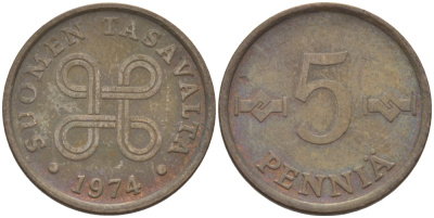 ФИНЛЯНДИЯ 5 ПЕННИ 1974 KM 45 медь 100-164