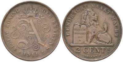 Бельгия 2 сантима 1911 BELGEN, Альберт I (1910-1934) KM 65 медь 4613-849