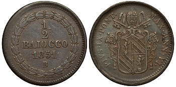 ВАТИКАН 1/2 БАЙОЧЧИ 1851 B, ГОД VI, ПАПА ПИЙ IX (1846-1878) KM 1355 (С166) медь 1521-1341