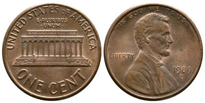 США 1 цент 1989 D, Линкольн KM 201b цинк плакированный медью 176-827