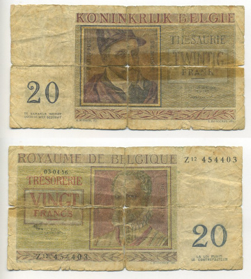 Бельгия 20 франков 1956 Орландо ди Лассо, Филипп де Монте Pick 132 b бумага 6294-10-1-1