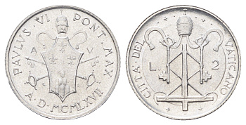 Ватикан 2 лиры 1967 MCMLXVII, год-тип KM 93 алюминий UNC 4701-464