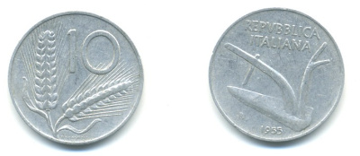 ИТАЛИЯ 10 ЛИР 1955 R, КОЛОСЬЯ, ПЛУГ KM 93 алюминий 4364-1126