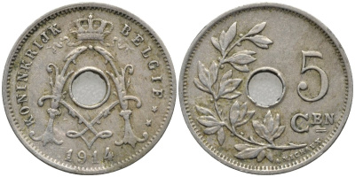 Бельгия 5 сантимов 1914 BELGIE KM 67 медно-никель 4516-923