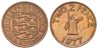 Гернси 2 новых пенса 1971 Елизавета II (1952-2022), ветряная мельница KM 22 бронза 4666-424