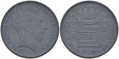 БЕЛЬГИЯ 5 ФРАНКОВ 1941 BELGES, ГЕРМАНСКАЯ ОККУПАЦИЯ, ВТОРАЯ МИРОВАЯ ВОЙНА KM 129.1 цинк 31-1244