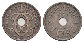 Дания 1 эре 1928 N, Кристиан X (1912-1947) KM 826 бронза 4701-554