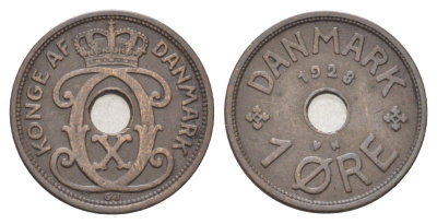 Дания 1 эре 1928 N, Кристиан X (1912-1947) KM 826 бронза 4701-554
