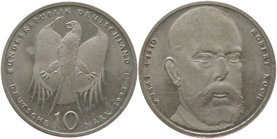 ФРГ 10 марок 1993 J, 150 лет со дня рождения Роберта Коха KM 181 серебро PROOF 00-00