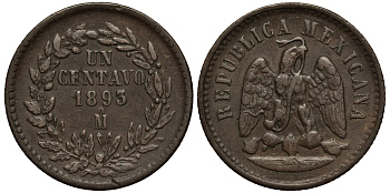 МЕКСИКА 1 СЕНТАВО 1893 ВТОРАЯ РЕСПУБЛИКА KM 391.6 медь VF 4391-351