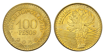 Колумбия 100 песо 2012 KM 296 сталь плакированная латунью UNC 4696-1257