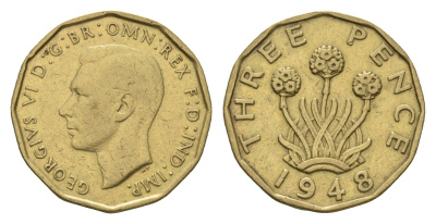 Великобритания 3 пенса 1948 Георг VI (1936-1952) KM 849, Spink 4112 никель латунь 4121-523
