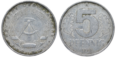ГДР 5 пфеннигов 1968 A KM 9.1 алюминий 62-213