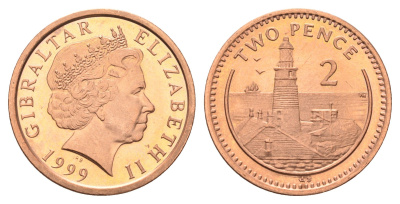 Гибралтар 2 пенса 1999 KM 774 сталь плакированная медью UNC 4666-313