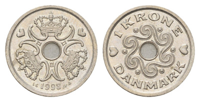 Дания 1 крона 1998 LG, Маргрете II (1972-2024) KM 873 медно-никель UNC 4701-941