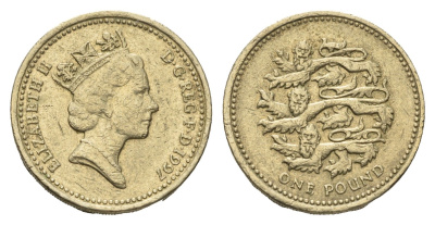 Великобритания 1 фунт 1997 Елизавета II (1952-2022), год-тип KM 975 никель латунь 4695-836