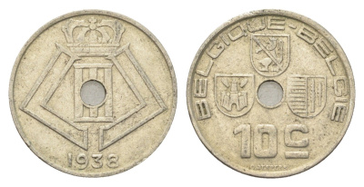 Бельгия 10 сантимов 1938 Belgique - Belgie, Леопольд III (1934-1947) KM 112 никель латунь 4705-217