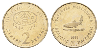 Македония 2 денара 1995 50 лет ФАО, серый цвет KM 6a медь цинк никель UNC 4699-137