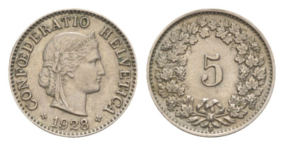 Швейцария 5 раппенов 1928 B KM 26 медно-никель 4532-535