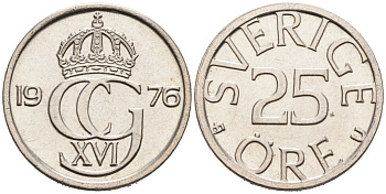Швеция 25 эре 1976 Карл XVI Густав (1973- ) KM 851 медно-никель 4564-757