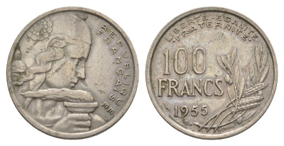 Франция 100 франков 1955 KM 919 медно-никель 4629-1025