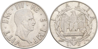 ИТАЛИЯ 2 ЛИРЫ 1940 R, ГОД XVIII, ВИКТОР ЭММАНУИЛ III (1900-1946) KM 78а, VEM3. 1155 a) нержавеющая сталь 3855-316