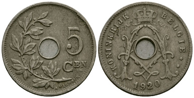 Бельгия 5 сантимов 1920 Belgie KM 67 медно-никель 4173-223