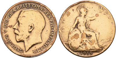 Великобритания 1 пенни 1919 Георг V (1910-1936) KM 810, Spink 4051 бронза    4149-424