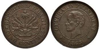 Гаити 5 сантимов 1863 Heaton, Президент Фабр Жеффрар KM 39 бронза 633-412