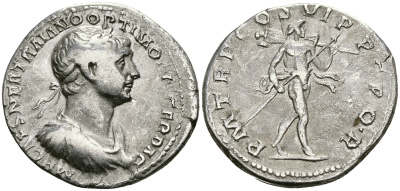 Римская Империя денарий 114 - 117 Траян PM TR P COS VI PP SPQR Марс, держащий трофей Рим Very fine RIC 338 серебро 1073-4-4-1