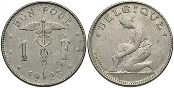 Бельгия 1 франк 1923 Belgique, Альберт I (1909-1934) KM 89 никель 51-1935