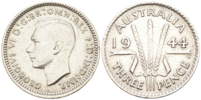 Австралия 3 пенса 1944 S, Георг VI (1937-1952), мондвор Сан-Франциско KM 37 серебро 4594-431