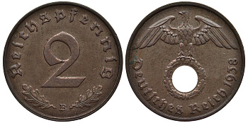 ГЕРМАНИЯ 2 РЕЙХСПФЕННИГА 1938 B KM 90, Jager 362 бронза 4546-855