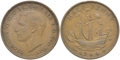 Великобритания 1/2 пенни 1944 Георг VI (1936-1952) KM 844, Spink 4115 бронза 59-844