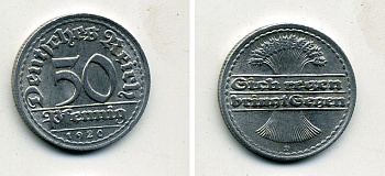 ГЕРМАНИЯ 50 ПФЕННИГОВ 1920 D KM 27, J. 301 алюминий 41-716
